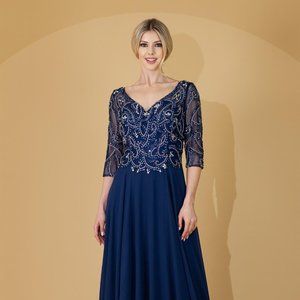 NEW FORMAL A-LINE MOTHER OF BRIDE CHIFFON DRESS W/ SHEER 3\4 SLEEVES AC 7046